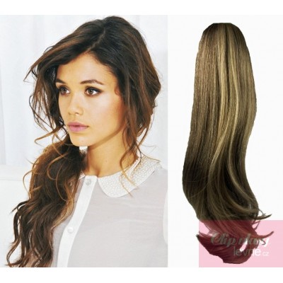 Clip in ponytail wrap hair extensions 24 inch wavy - dark brown/blonde