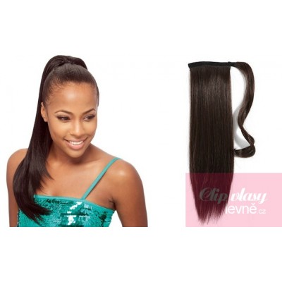Clip in human hair ponytail wrap hair extension 20 inch straight - dark brown