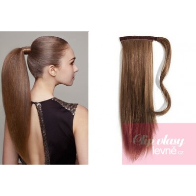 Clip in human hair ponytail wrap hair extension 20 inch straight - medium brown