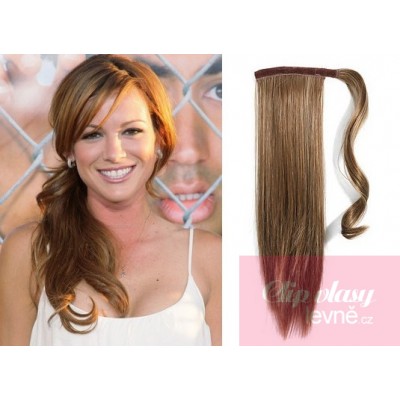 Clip in human hair ponytail wrap hair extension 20 inch straight - light brown