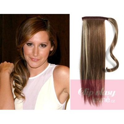 Clip in human hair ponytail wrap hair extension 20 inch straight - dark brown/blonde