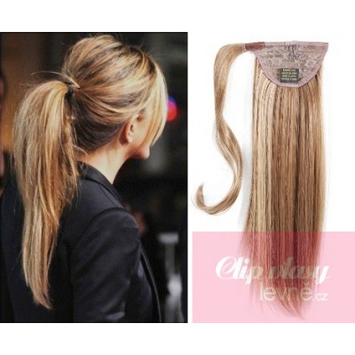 Clip in human hair ponytail wrap hair extension 20 inch straight - mixed blonde