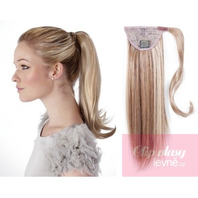 Clip in human hair ponytail wrap hair extension 20 inch straight - platinum blonde/light brown