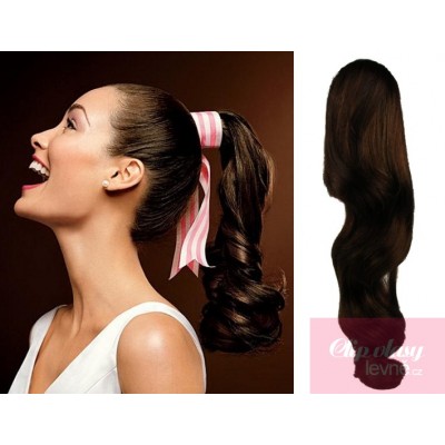 Clip in human hair ponytail wrap hair extension 20 inch wavy - dark brown