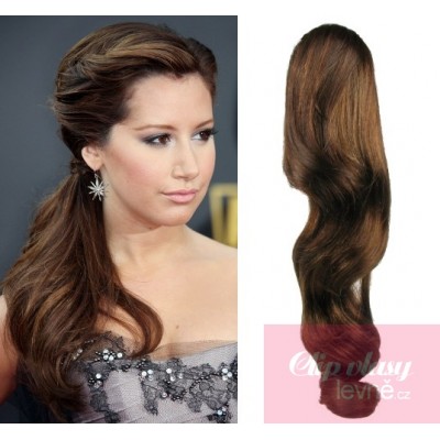 Clip in human hair ponytail wrap hair extension 20 inch wavy - medium brown