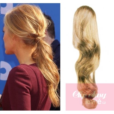 Clip in human hair ponytail wrap hair extension 20 inch wavy - natural blonde