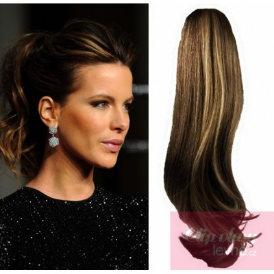 Clip in human hair ponytail wrap hair extension 20 inch wavy - dark brown/blonde