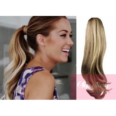 Clip in human hair ponytail wrap hair extension 20 inch wavy - mixed blonde