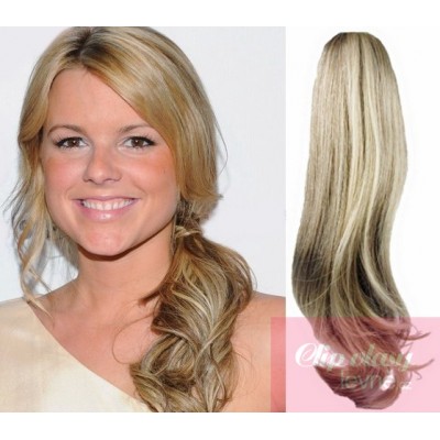 Clip in human hair ponytail wrap hair extension 20 inch wavy - platinum blonde/light brown