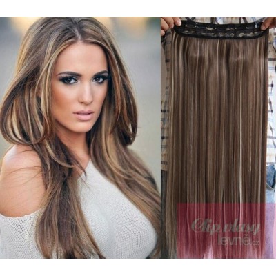 16 inches one piece full head 5 clips clip in hair weft extensions straight – dark brown/blonde