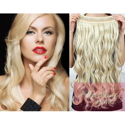 16 inches one piece full head 5 clips clip in hair weft extensions wavy – platinum blonde