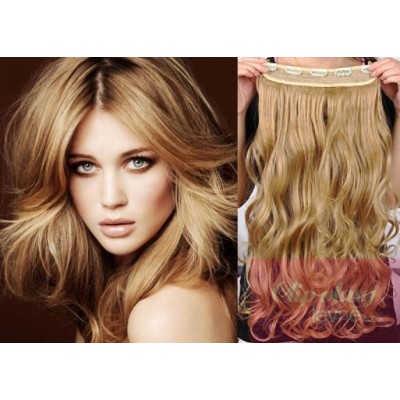 16 inches one piece full head 5 clips clip in hair weft extensions wavy – light/natural blonde