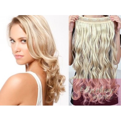 16 inches one piece full head 5 clips clip in hair weft extensions wavy – platinum blonde/light brown