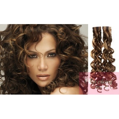 20 inch (50cm) Tape IN human REMY hair curly - dark brown/blonde