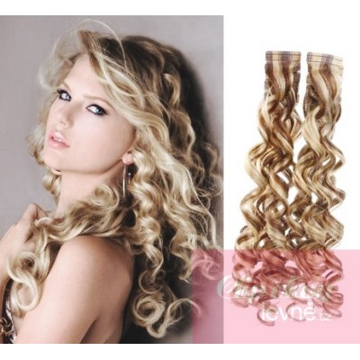 20 inch (50cm) Tape IN human REMY hair curly - platinum/light brown