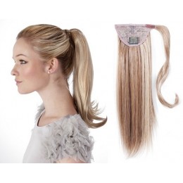 Clip in human hair ponytail wrap hair extension 24 inch straight - platinum blonde/light brown